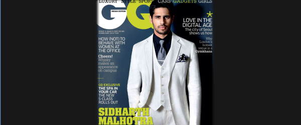 Siddharth Malhotra who is wearing a Brooks Brothers 3 piece suit on the cover of GQ magazine's February 2014 issue.