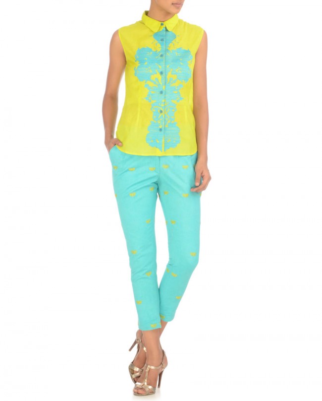 NIDA MAHMOOD Lime Green Embroidered Shirt with Capri Pants Rs. 4225 at Exclusively.in