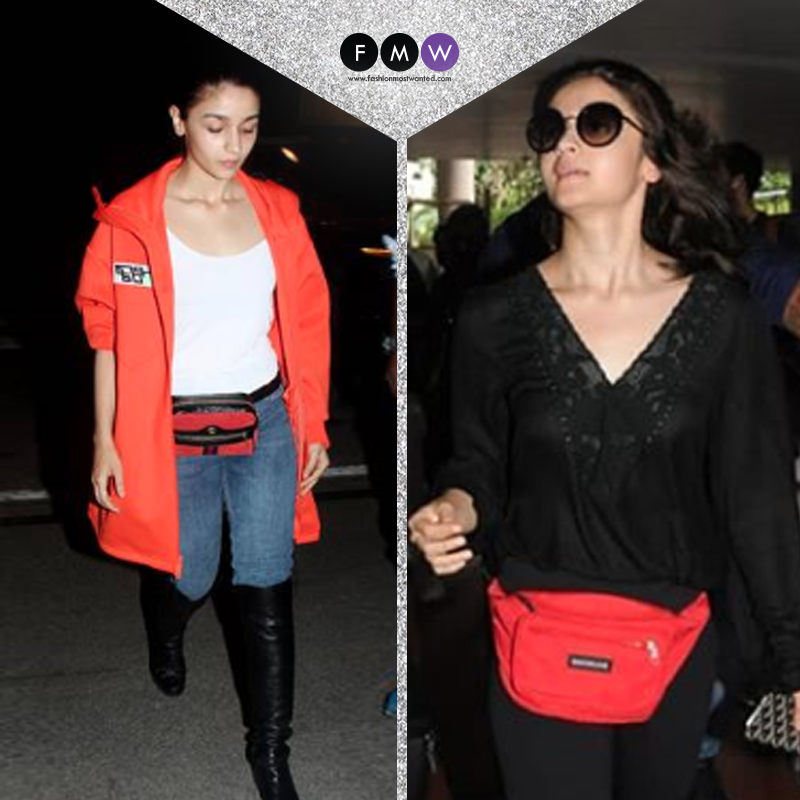 Alia Bhatt has picked red as her style colour. Her airport fashion spots her in two different brands of red bum bags. She definitely does justice to that look with her badass red jacket and blue denim on black boots.