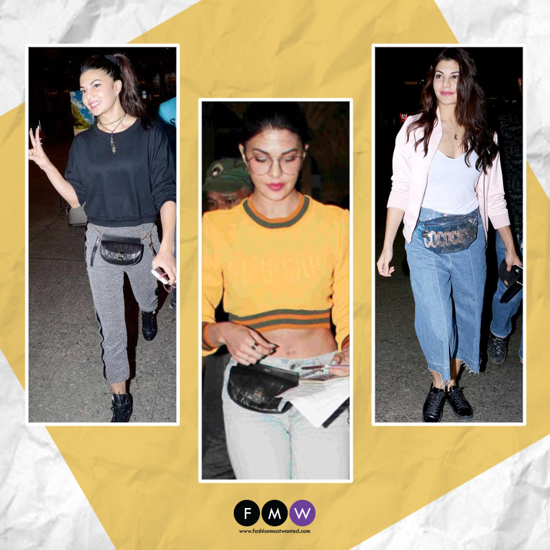 Jacqueline Fernandez seems to love her bum bags a lot. She's often spotted wearing them in different colours and sizes; we are totally crushing over the blue sequenced one. She definitely makes them look better with her comfy travel attire. Throw on a pair of loose denims, a crop top and belt up your bum bag, and you are all set to catch that vacay flight.
