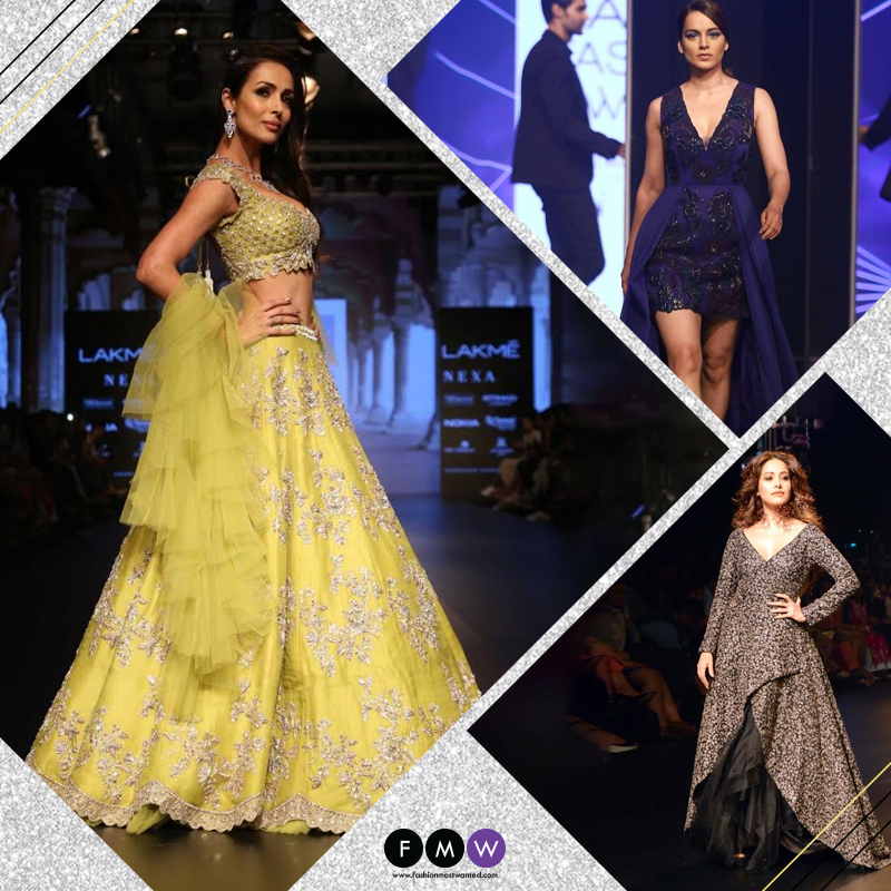 L-R: Malaika Arora Khan hit the ramp in a lime green lehenga by Anushree Reddy, Kangana Ranaut looked like a vision in blue in an asymmetric patchwork dress by Pankaj & Nidhi.  Nushrat Bharucha, the fun-loving and gorgeous actress makes her debut with Lakme for the SVA couture by Sonam & Paras Modi 